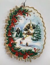 SNOWY CHURCH SCENE w RED BELLS, HOLLY  * Glitter CHRISTMAS ORNAMENT * Vtg Img picture