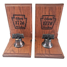 Liberty Bell Bookends Wooden & Bronze 1776 Freedom Philadelphia - Vintage picture
