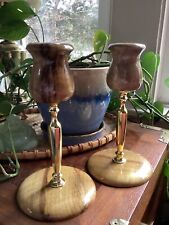 Vintage MCM Myrtlewood Candlestick Holders Brass Depoe Bay Oregon 7.5” Tall picture