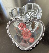 Vntg Heart-Shaped Glass Candle Holder Trinket Dish Pressed Flower Lid Boho Chic picture