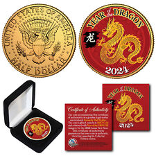 2024 Chinese New YEAR OF THE DRAGON 24K Gold Plated JFK Half Dollar Coin w/ BOX picture