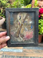 Antique Old Hindu Goddess Sarswati Beautiful Oil Painting  Framed Rare picture