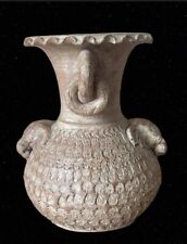Vintage Mid Century Tribal Clay Jug Vase With Ring Handles And Elephants picture