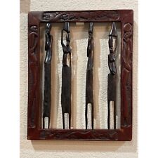 Tribal Ebony African Wood Hand Carved Native Tribal Stick Figures In Frame picture