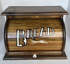 Vintage KNOCK ON WOOD, WOODEN ROLL TOP BREAD BOX BROWN COUNTER TOP - Made In USA picture