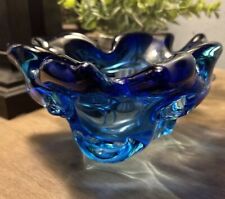 Vintage Astonishing Ashtray Hand Blown Art Glass Ocean Dark Light Cobalt Blue picture