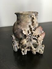 RARE Antique Signed Hand Carved & Etched Chinese Soapstone Vase 6” Tall, 5” Wide picture