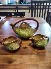 Vtg McCoy Aladdin Style Tea Pot/ Cream & Sugar Set Brown/Green Daisy Pattern  picture