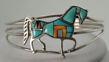 Awesome Sterling TW Navajo Turquoise MOP Spiny Oyster Inlay Horse Cuff Bracelet picture
