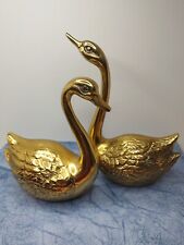 Vintage Pair Brass Swans Figurines Mid Century Set Of 2 Feather Detailed Decor picture
