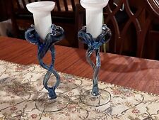 Vintage Krosno Jozefina Poland Blue Heron Twisted Glass Candlesticks 8 1/4in picture