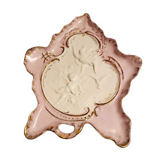 ATQ Porcelain Germany Vanity Tray 9x8 Pink Luster Leaf Shape Embossed Cherubs picture