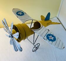 Antique Large Metal Handmade Prop Plane ~ Yellow/White/Blue ~ 15”L x 16”W x 12”H picture