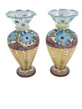 Vtg Tracey Porter Hand Painted Ruffle Edge Vases Set Of 2 Blue Yellow Purple  picture