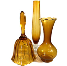 AMBER GLASS VASES AND BELL LOT OF 3 FLUTED SWIRLS VINTAGE picture