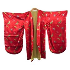 Red Satin Butterfly Japanese Style Kimono Jacket Womens Medium Gold Lining picture