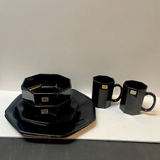 VTG Arcoroc Octime Black Amethyst Glass Octagon 12 pc Dining Set Plate Bowl Cups picture