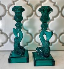 PAIR Imperial MMA Koi Fish Glass Candlesticks Candle Holders Teal Green VINTAGE picture