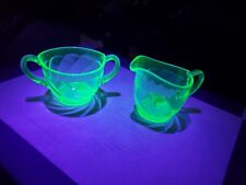 Vtg Green Depression Uranium Glass Cream & Sugar Set picture