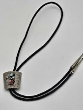 Vintage Navajo Turquoise Coral Bolo Tie Signed Native American Braided Cord 18