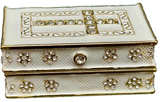 Small White Enameled Rhinestone Encrusted Holy Bible Hinged Metal Jewelry Box picture