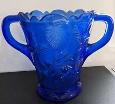 Vtg Mosser Glass Cobalt Blue Vase Double Handles inverted Strawberry Bowl 5