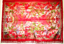 Vintage Asian Brocaded Flowers Silk Embroidered Red Square Fringe Tablecloth picture