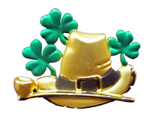 AJC PIN St Patrick Vintage HAT with PIPE & Green Shamrocks Gold Satin 80s Brooch picture