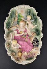 Bisque Porcelain Dimensional Victorian Lady w/Cherubs Wall Plaque Gold Accents picture