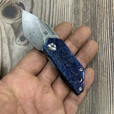 Mini Drop Point Knife Folding Hunting Survival Camping Damascus Steel Titanium S picture