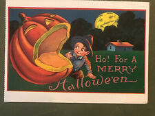 POSTCARD UNUSED HALLOWEEN- LARGE MOUTH PUMPKIN, BOY, MAN IN THE MOON -LRGE REPRO picture