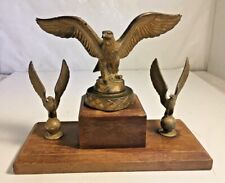 Vintage Triple Brass Eagle Figurine Desktop Display on Wooden Stand picture