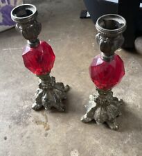 Vintage Hollywood Regency Style Ornate Cast Metal Candlestick Holders - 8” Tall picture