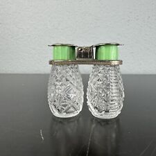 vintage glass, mini travel salt and pepper set with metal fliptop cover picture