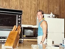 2A Photograph Handsome Man Candid Snapshot Tank Top Kitchen 1980's picture