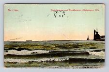 Sheboygan WI-Wisconsin, Lighthouses and Breakwater, Vintage Card c1911 Postcard picture