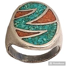 Navajo Sterling Silver Turquoise Coral Sacred Water Wave Chip Inlay Ringsz8.25 picture