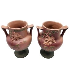 Pair Roseville Pottery 150-6 INCH Columbine Pedestal Vase Green Pink Two Handle picture