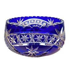 Bohemian Blue Cut to Clear Crystal Bowl Star Pattern Sawtooth Edge Czech German picture
