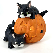 Vintage Lighted Ceramic BLACK CATS On PUMPKIN Lantern HALLOWEEN Pottery Painted picture