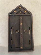 VINTAGE UNIQUE WOODEN BRASS WORK SMALL WALL HANGING HUT SHAPE WINDOW WITH DOOR, picture