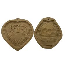 Brown Bag Cookie Art Stoneware Molds Set Of 2 Heart Shape & Easter Basket picture