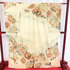 Japanese Kimono “Furisode” Pure Silk/Beige/light gray/Gold/Japanese tradition picture