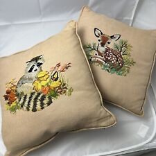 (2) Vintage MCM Embroidered Needlepoint Pillows Deer/Fawn And Raccoon picture