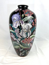 Vintage Hand Painted Decorative Asian Black Famille Floral Porcelain Vase B16 picture