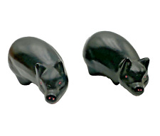 Rare MCM lot- 2 Black Pigs Hand Carved Wooden Anatomically Correct Pigs Figurine picture