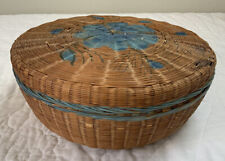 Vintage Woven Sewing Basket, Large, Brown, Blue Painted Flower On Top picture