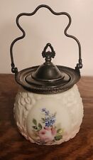 Antique Hand Painted Floral Milk Glass Embossed Cracker Biscuit Jar picture
