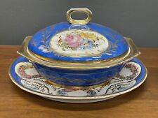 Sevres Style Hand Painted Blue and Gilt Covered Bowl and Plate picture