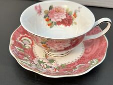 GRACIE BONE CHINA WHITE WITH PINK FUCHSIA FLOWERS & SCROLLS TEACUP & SAUCER picture